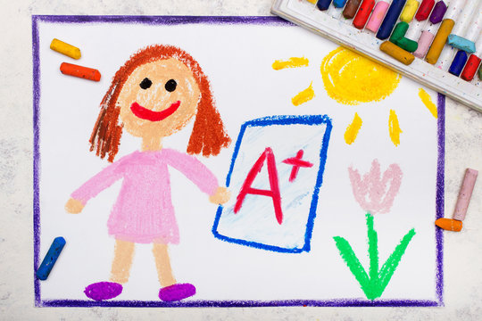 School grades. Happy student with exam or test result.Girl holding report card with A+ grade.  Photo of colorful hand drawing.