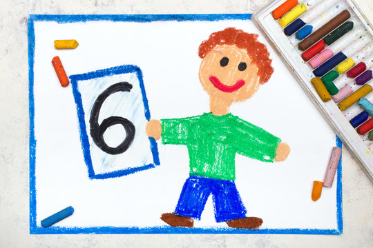 School grades. Happy student with exam or test result. Boy holding report card with 6 grade.  Photo of colorful hand drawing.
