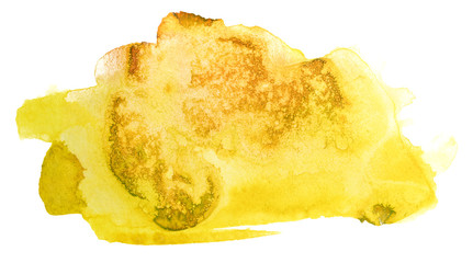 Watercolor yellow stain. Watercolor texture on paper on a white background isolated
