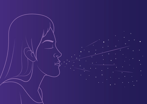 Woman sneezing with spray and small drops vector.