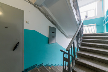 Russia, Omsk- October 18, 2019, 2019: interior room apartment. standard repair decoration in hostel. public place, porch. doors, walls, corridors