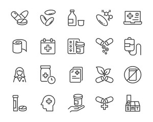 set of medicine icons, pharmacy, drug store, capsule