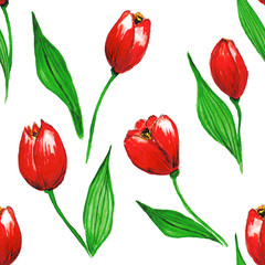 Seamless floral pattern made of bright red tulips. Hand drawn watercolor background on white. Good for textile, paper and card design. 