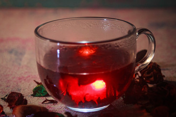 Red Hot Hibiscus tea in a glass mug
