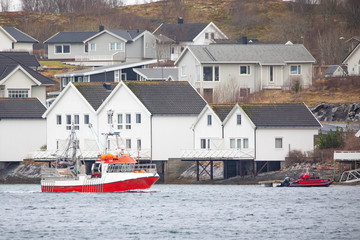 Fototapeta na wymiar Fishing boat on tour to Lofoten to fish in Northern Norway
