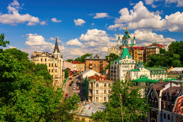 Fototapeta na wymiar Picturesque view to Andriivsky descent in the center of Ukrainian capital, Kyiv, Ukraine