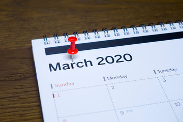 A Red Pin on March 2020 Calendar
