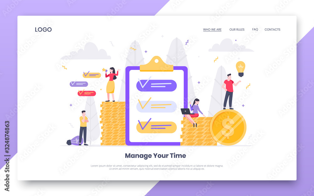 Poster business time management internet landing page concept template with people characters working toget