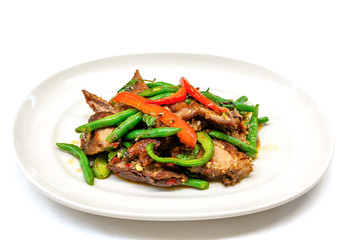  Stir fried duck with basil in long plate ready to serve, Top view.