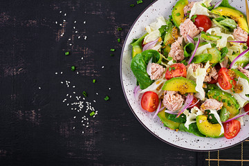 Tuna fish salad with lettuce, cherry tomatoes, avocado and red onions. Healthy food. French cuisine. Top view, copy space, flat lay