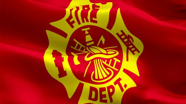Fire department waving flag. Rescue squad 3d EMERGENCY Fire protection SERVICE flag waving. Sign of fire station seamless loop animation. Emergency firefighting flag HD resolution Background Responder