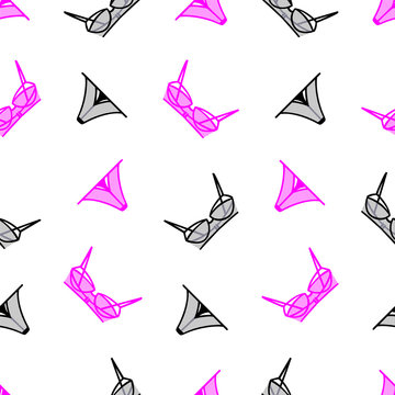 Lingerie seamless pattern. Elegant print for textiles, wallpaper, packaging. Sexy panties and bras on a white background. Isolated pink and black objects. Vector illustration.