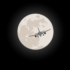 Airplane on the background of the moon vector illustration