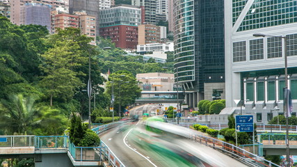 Hong Kong traffic timelapse near bank tower in Central District of Hong Kong.