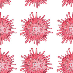 Seamless pattern of coronavirus infection on white background. Watercolor pencils illustration