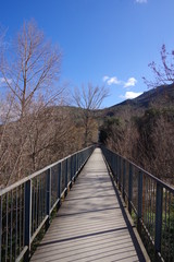 Obraz na płótnie Canvas Pont passerelle pour piéton et randonneur au dessus de la rivière
