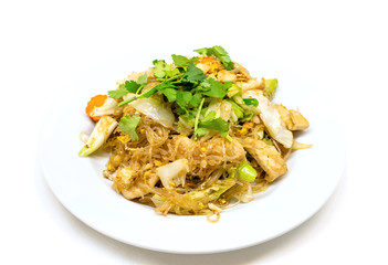 Pad woon sen is a particularly delicious Thai noodle dish. Woon sen are thin glass noodles made of rice or bean.They're typically stir-fried with meat, vegetables, sauces and egg. © Chansak Joe A.