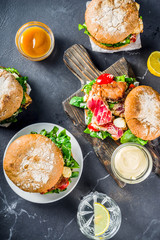Various seafood and fish burgers assortment