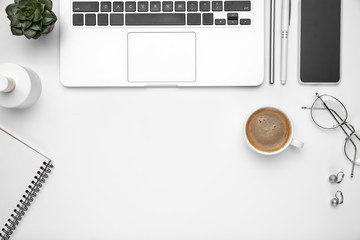 Coffee and eyewear. Flat lay mock-up. Feminine home office workspace, copyspace. Inspiring workplace for productivity. Concept of business, fashion, freelance, finance and artwork. Trendy pastel