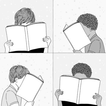 Hand drawn illustrations of children reading, hiding their faces behind their books - empty books to add your own text