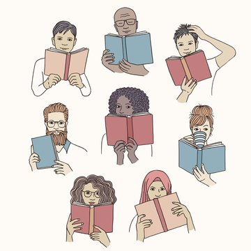 Hand drawn isolated diverse people reading books