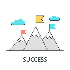 Vector flat flag on mountain. Success illustration. Goal achievement. Business concept. Winning of competition or triumph design.