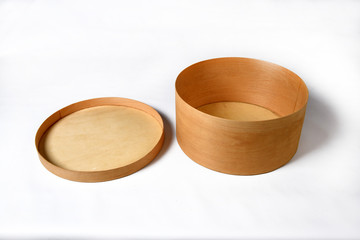 round wooden box, packaging mockup isolated on white background