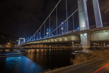 Elisabeth Bridge illuminated at night in Budapest, Hungary.