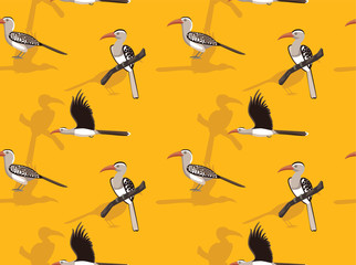 Red Billed Hornbill Cartoon Vector Seamless Background Wallpaper-01