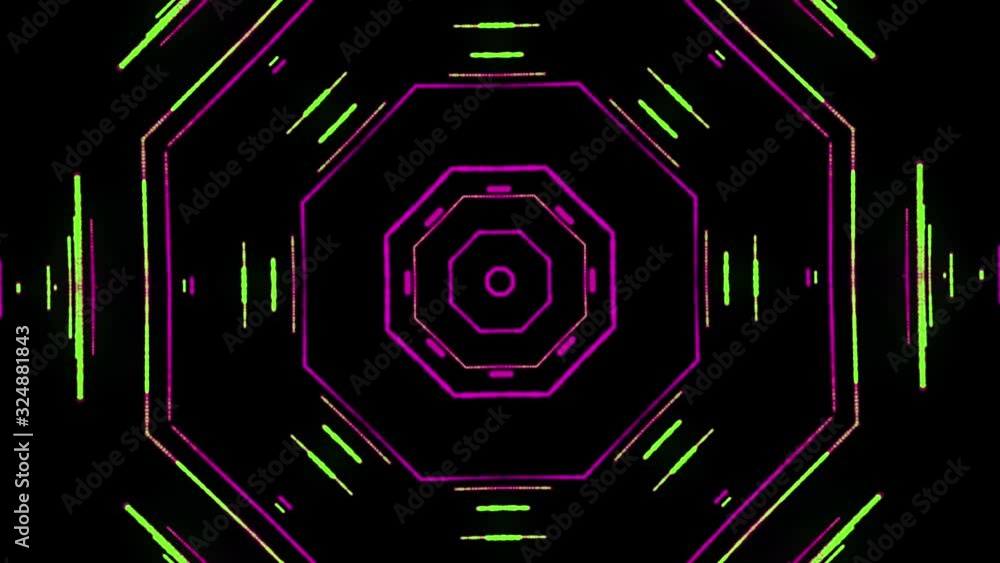 Poster Abstract animated kaleidoscope motion background with glowing neon colorful lines and geometric shapes. Animation. Motion graphics pattern.