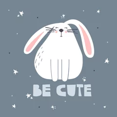 Fototapete Hand drawn illustration with rabbit, stars and lettering. Colorful background vector. Be cute, poster design. Backdrop with english text, animal, night sky. Funny card, phrase © Talirina