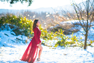 雪景色と赤いドレスの女性