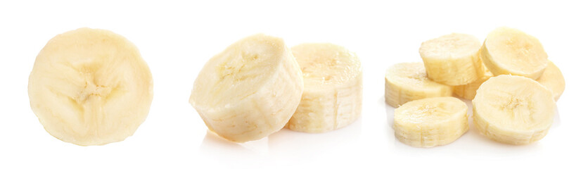 Set of ripe banana slices isolated on white background.