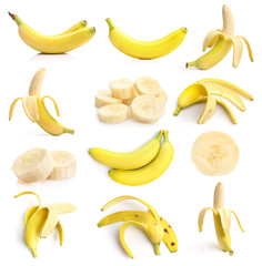 Set of ripe bananas isolated on white background.