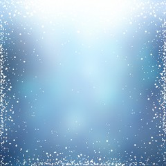 New year glitter snow blue texture. Winter festive background. Sequins and sparkles frame pattern. Frosty template. Fairytale decoration.