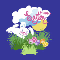 Happy Easter. Vector. White easter bunny. Easter eggs are hidden in the grass. Bunny jumping against the background of clouds. Blue background. Cartoon style. holiday card