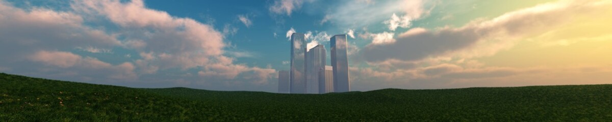 Skyscrapers over a green meadow, Skyscrapers on the horizon behind a meadow,, 3D rendering