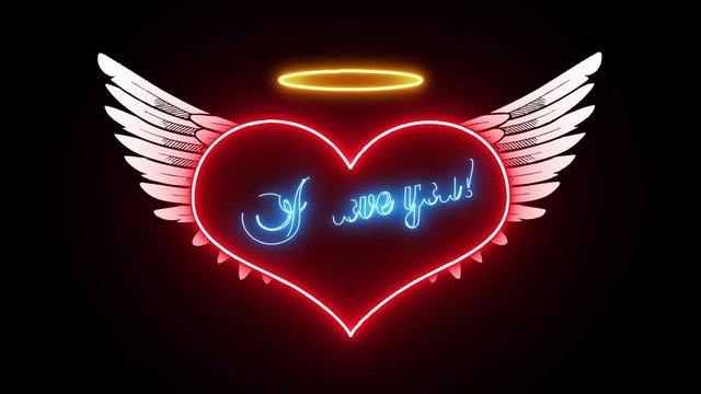 Angel heart with wings and text on a declaration of love in a neon glow. Love card with glow effect on black background