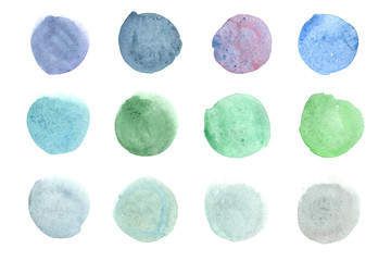 Set of hand-drawn watercolor stains, design element. Cool colors. Isolated on a white background.