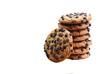 Cookies with chocolate chips stacked on a stack on an isolated background