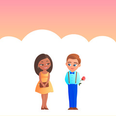 A young guy gives a girl an African American rose. Both are happy and smiling. Vector romantic illustration in cartoon style.