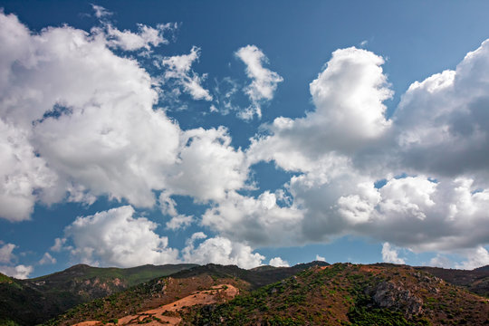 Panoramic view of a landscape with the vivid colors of the Mediterranean maquis, in Sardinia, Italy.
