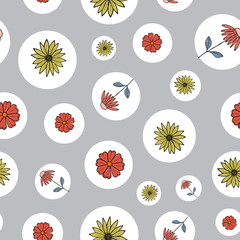 Bright flowers in bubbles pattern background.