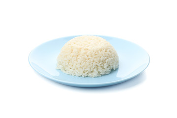 Blue plate with boiled rice isolated on white background