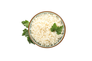 Bowl with rice and parsley isolated on white background