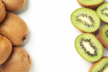 Ripe sweet kiwi on white background, top view