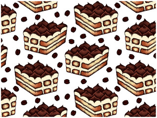 Sketch pattern with italian dessert tiramisu and coffee beans on white background. Vintage food wallpaper for label, menu, cafe, restaurant. Engraving cake, cocoa, mascarpone. Vector illustration. - 324888029