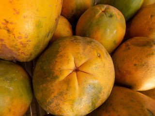 Papaya an einem Obst und Gemüsestand an einer Straße in der Nähe von Puerto Viejo in Costa Rica.