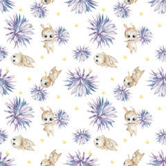 Fototapeta na wymiar Easter seamless pattern design with bunnies Cute watercolor colorful illustration with blue flowers and bunny on white background. Baby nursery clip art