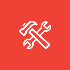 Hammer And Wrench Line Red Icon On White Background. Red Flat Style Vector Illustration